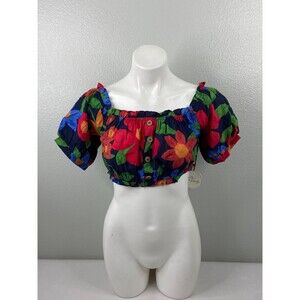 Milk & Honey Women Small Floral Cropped Blouse Puff Sleeve Ruched Boho